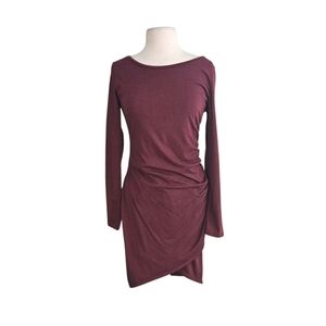 Leith Eggplant Plmaroon Long-Sleeved Faux Wrap Dress